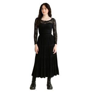 SCOTT TAYLOR VTG Microfiber Black Pleated Maxi Skirt Tiered Boho Witchy Grunge M